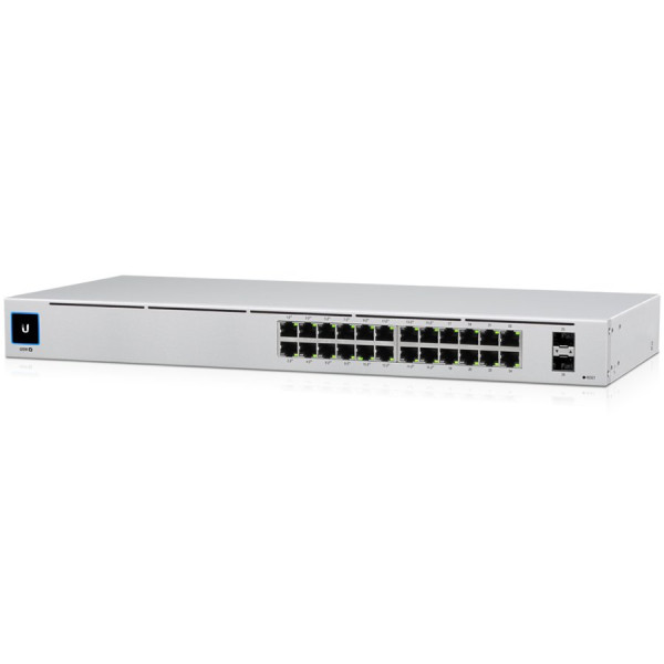 Ubiquiti USW-24-POE Gigabit Layer 2 switch with twenty-four Gigabit Ethernet ports including sixteen auto-sensing 802.3at PoE+ ports, and t