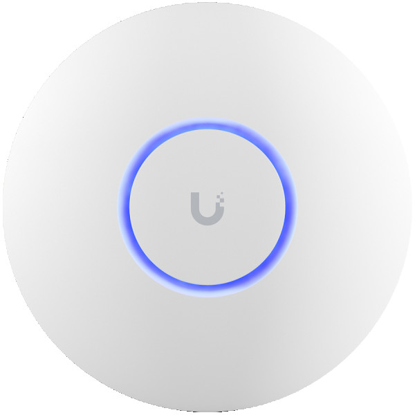 Ubiquiti U6+ access point. WiFi 6 model with throughput rate of 573.5 Mbps at 2.4 GHz and 2402 Mbps at 5 GHz. No POE injector included. UI 