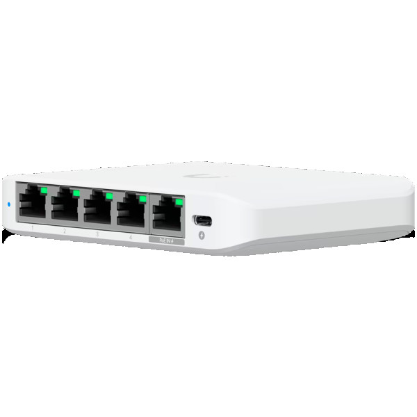 Ubiquiti 5-port 2.5G switch that can be powered with PoE or a USB-C adapter; 4x 2.5 GbE ports, 2.5 GbE PoE input port for power ( USW-FLEX-