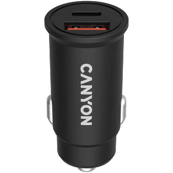 Canyon, PD 30WQC3.0 18W Pocket size car charger  with 1-USB A+ 1-USB-C Input: DC12V-24V, Output: USBC: PD30W( 5V3A9V3A12V2.5A15V2A20V1.5A),